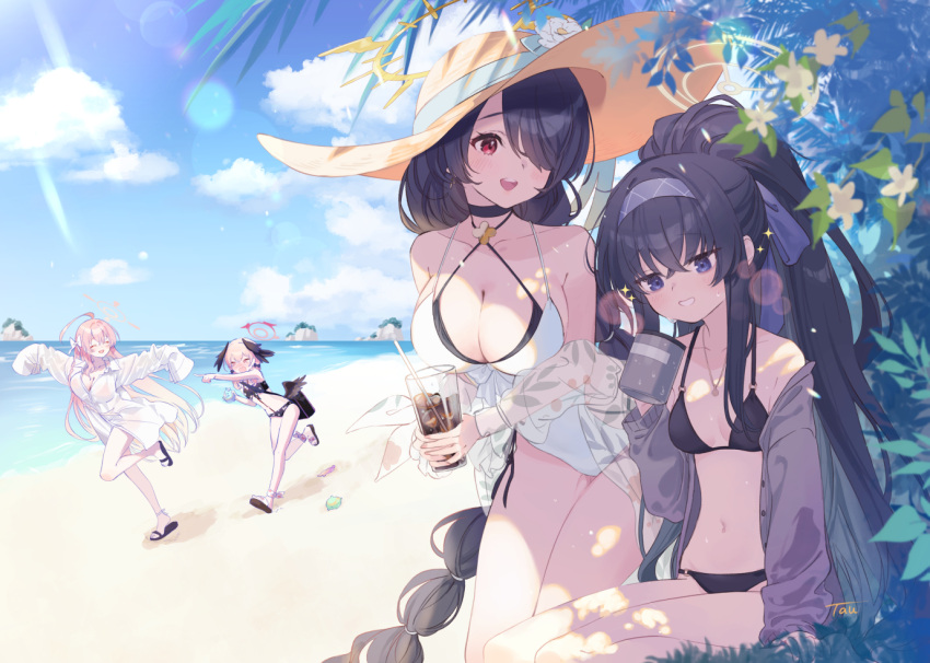 4girls beach bikini bikini_under_clothes black_bikini black_choker black_hair black_wings blue_archive bow braid braided_ponytail breasts cardigan choker cleavage cloud cup day drinking_straw feathered_wings hair_over_shoulder hairband halo hanako_(blue_archive) hanako_(swimsuit)_(blue_archive) hat hinata_(blue_archive) hinata_(swimsuit)_(blue_archive) holding holding_cup jewelry koharu_(blue_archive) koharu_(swimsuit)_(blue_archive) large_breasts long_hair multiple_girls necklace one-piece_swimsuit open_cardigan open_clothes open_mouth outdoors pink_hair pointing ponytail red_eyes running sandals shirt signature single_braid sky sleeves_past_fingers sleeves_past_wrists small_breasts sparkle sweat swimsuit tautiki ui_(blue_archive) ui_(swimsuit)_(blue_archive) very_long_hair white_bow white_one-piece_swimsuit white_shirt wings