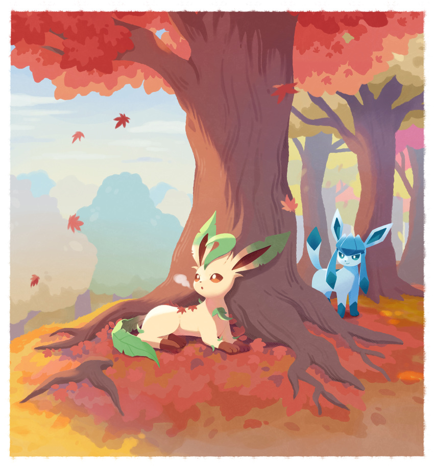 autumn breath bright_pupils brown_eyes commentary_request day falling_leaves glaceon highres leaf leafeon looking_up lying ma-hain-scarlet no_humans outdoors pokemon pokemon_(creature) sky standing tree white_pupils