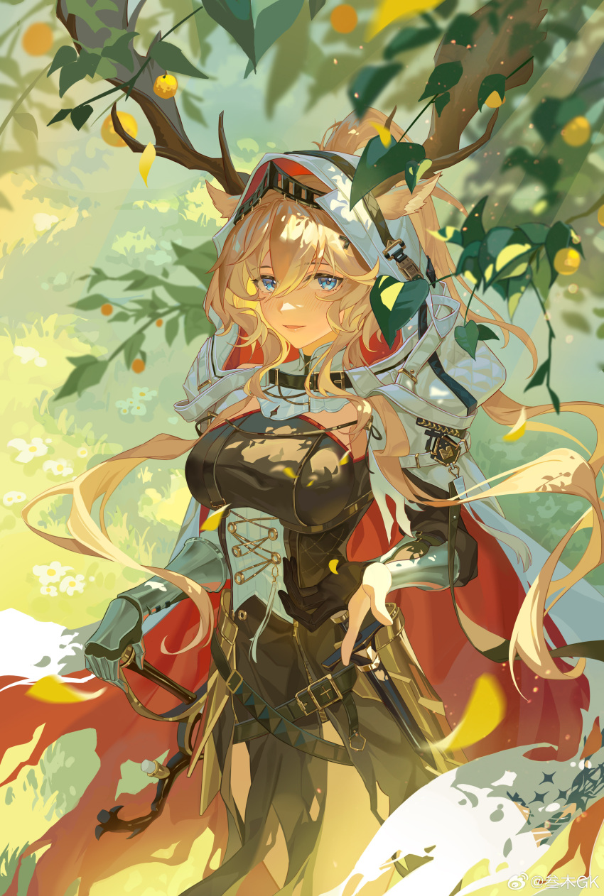 1girl absurdres animal_ears antlers antlers_through_hood arknights belt black_dress black_gloves blonde_hair blue_eyes branch cape commentary_request cowboy_shot dagger deer_antlers deer_ears deer_girl dress ears_through_hood falling_petals flower gloves grass highres hood hood_up hooded_cape knife leaf long_hair looking_at_viewer open_mouth outdoors partially_fingerless_gloves petals red_cape sanmu sheath sheathed sidelocks smile solo sword torn_clothes torn_dress two-sided_cape two-sided_fabric very_long_hair viviana_(arknights) weapon white_cape white_flower