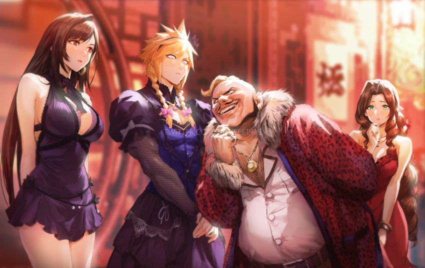 2boys 2girls absurdres aerith_gainsborough bare_shoulders black_hair blonde_hair blue_dress blush breasts brown_hair cloud_strife crescent crescent_earrings crossdressing don_corneo dress earrings facial_hair fat fat_man final_fantasy final_fantasy_vii final_fantasy_vii_remake flamenco_dress green_eyes highres jewelry large_breasts long_hair mohawk multiple_boys multiple_girls muscular muscular_male mustache official_alternate_costume purple_dress red_dress red_eyes sleeveless sleeveless_dress smile spiked_hair spykeee tifa_lockhart tifa_lockhart's_refined_dress ugly_man