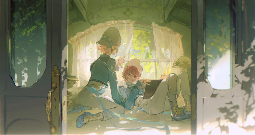 2boys absurdres ankle_lace-up blue_footwear blue_jacket blue_ribbon bonnet chin_strap curtain_grab curtains dappled_sunlight day desk_lamp ensemble_stars! from_outside grey_pants grey_socks highres himemiya_tori jacket knees_up lamp long_sleeves male_focus multiple_boys open_door pants pink_hair reading reclining red_hair ribbon sash shoes short_hair shule_de_yu socks sunlight suou_tsukasa vehicle_interior window wrist_ribbon