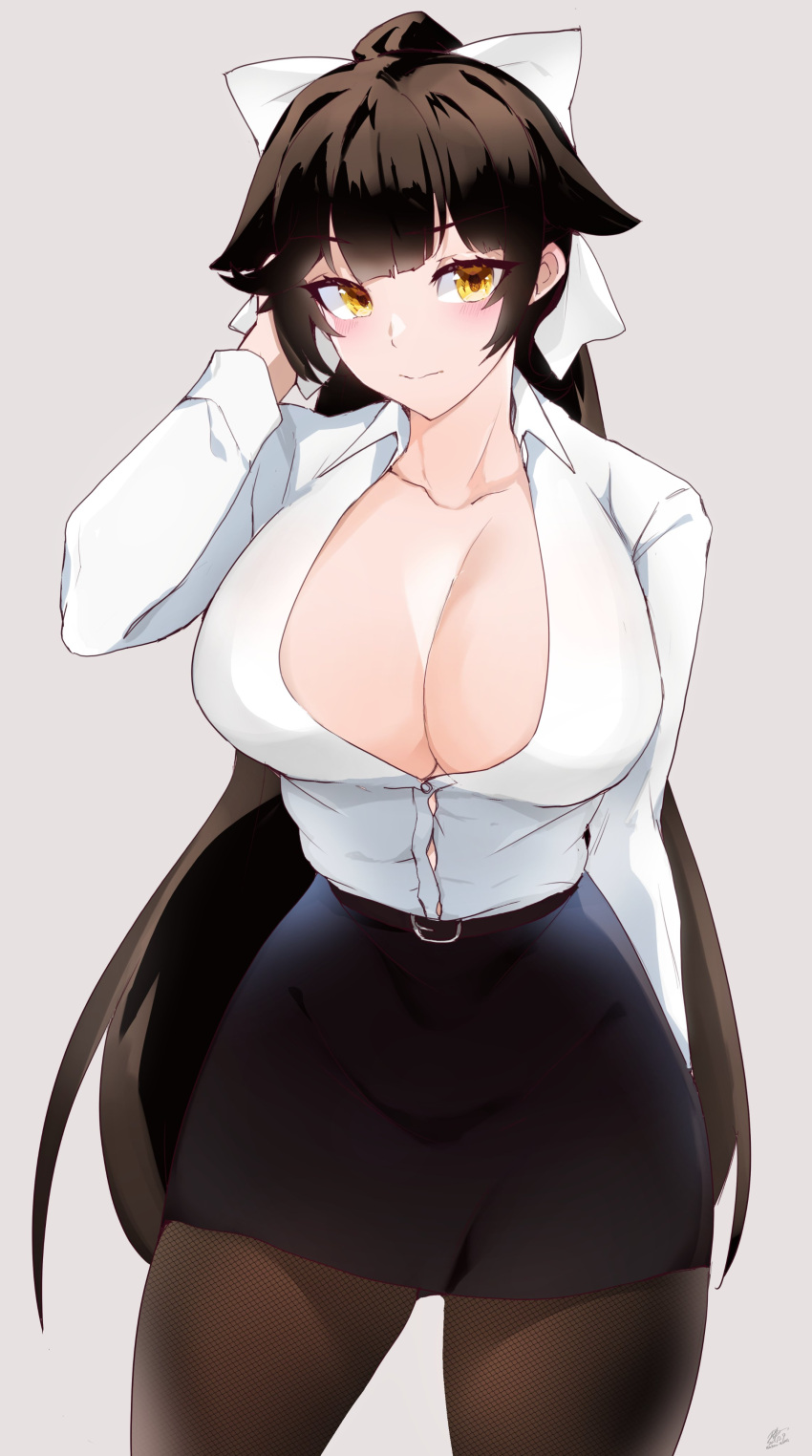 1girl absurdres azur_lane black_hair black_pantyhose black_skirt blush bow breasts center_opening chiru_(218mg) closed_mouth collarbone collared_shirt hair_bow hand_up high_ponytail highres large_breasts long_hair long_sleeves looking_at_viewer office_lady pantyhose pencil_skirt shirt signature simple_background skirt solo takao_(azur_lane) white_bow white_shirt yellow_eyes