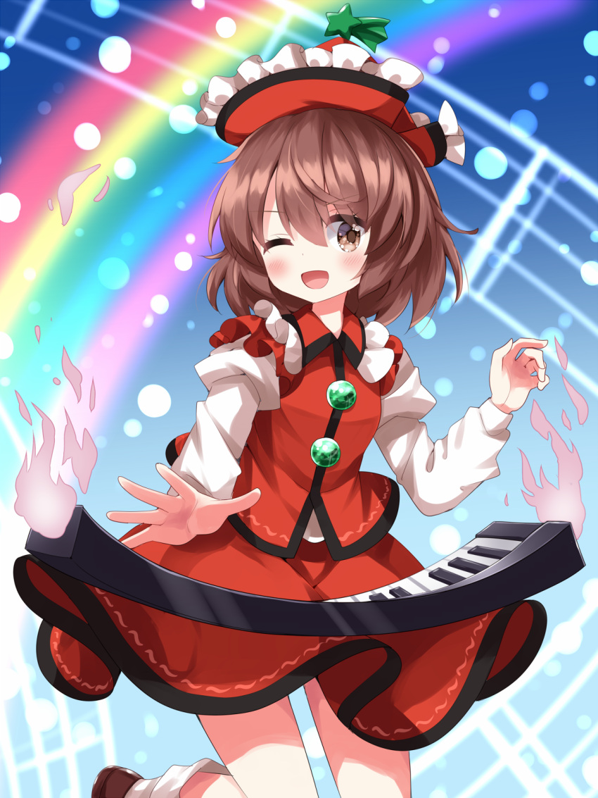 1girl :d ;d blue_background brown_eyes brown_hair commentary_request frilled_hat frills gradient_background hat hat_ornament highres instrument juliet_sleeves keyboard_(instrument) long_sleeves looking_at_viewer lyrica_prismriver one_eye_closed open_mouth puffy_sleeves rainbow red_headwear red_shirt red_skirt ruu_(tksymkw) shirt short_hair skirt smile solo star_(symbol) star_hat_ornament touhou