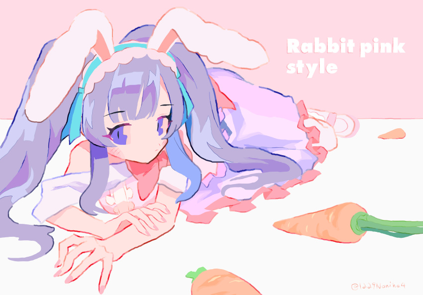 1girl absurdres animal_ears blunt_bangs carrot closed_mouth commentary_request dress grey_hair hairband hand_on_own_arm highres idolmaster idolmaster_shiny_colors long_hair looking_at_viewer lying noniha on_side pink_background purple_eyes rabbit_ears solo twintails white_dress white_hairband yukoku_kiriko