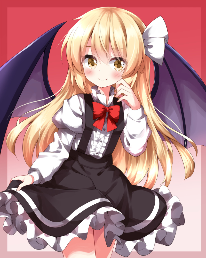 1girl bat_wings blonde_hair blush bow bowtie center_frills closed_mouth commentary_request dress frilled_dress frills gradient_background hair_ribbon highres juliet_sleeves kurumi_(touhou) long_hair long_sleeves looking_at_viewer puffy_sleeves red_background red_bow red_bowtie ribbon ruu_(tksymkw) shirt smile solo suspenders touhou touhou_(pc-98) white_ribbon white_shirt wings yellow_eyes