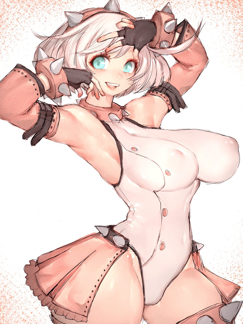 1girl ahoge aqua_eyes black_gloves blush bracelet breasts collar detached_sleeves elphelt_valentine frilled_skirt frills fumio_(rsqkr) gloves guilty_gear guilty_gear_strive hairband heart highres jewelry large_breasts looking_at_viewer pink_sleeves short_hair shorts sideboob simple_background skindentation skirt skull_print smile solo spiked_bracelet spikes thick_thighs thighs white_background