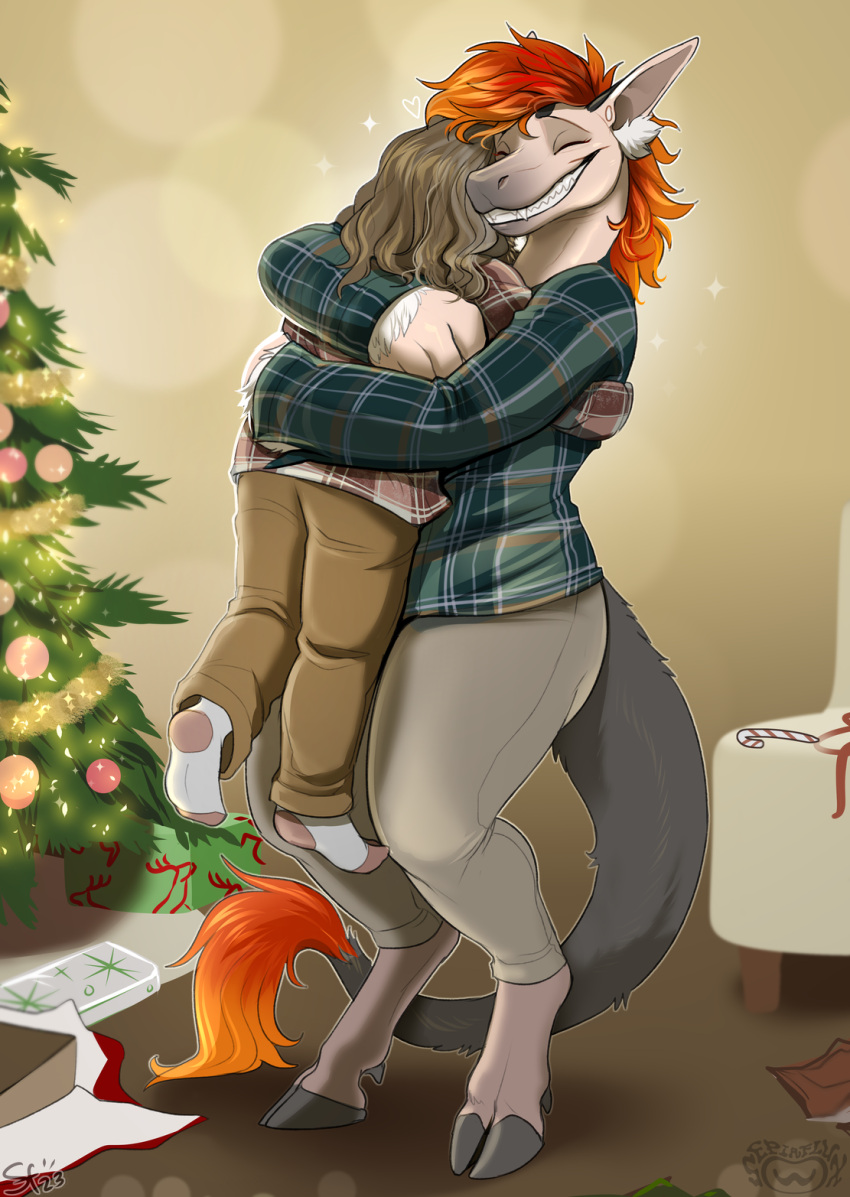 &lt;3 2023 anthro biped bottomwear brown_hair christmas christmas_tree clothing cloven_hooves digital_media_(artwork) dragon duo embrace eyes_closed fangs female flannel_shirt fur furred_dragon grey_body grey_fur hair happy hi_res holidays hooves human inside kerr larger_anthro larger_female long_hair male male/female mammal orange_body orange_fur orange_hair pants pig_(artist) plant size_difference smaller_human smaller_male smile tan_body teeth tree white_body white_fur