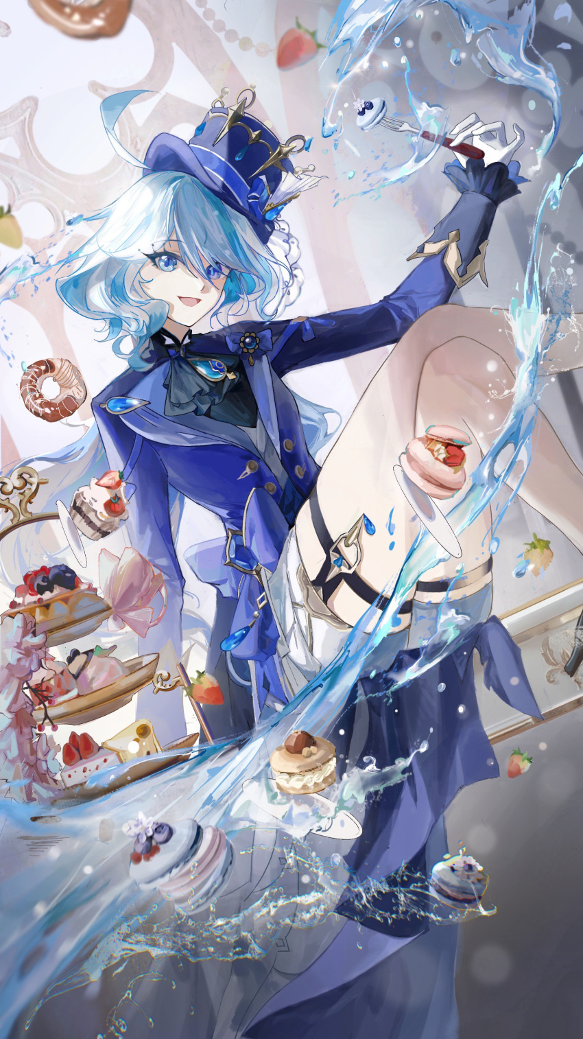 1girl :d absurdres ascot black_ascot blue_bow blue_brooch blue_eyes blue_hair blue_jacket bow cake cake_slice commentary_request cowlick crossed_legs cupcake doughnut drop-shaped_pupils feet_out_of_frame food fork fruit furina_(genshin_impact) genshin_impact gloves hat highres holding holding_fork jacket light_blue_hair long_hair long_sleeves looking_at_viewer macaron open_mouth plate shorts sitting smile solo strawberry table tablecloth tiered_tray top_hat very_long_hair weibo_tang white_gloves white_shorts