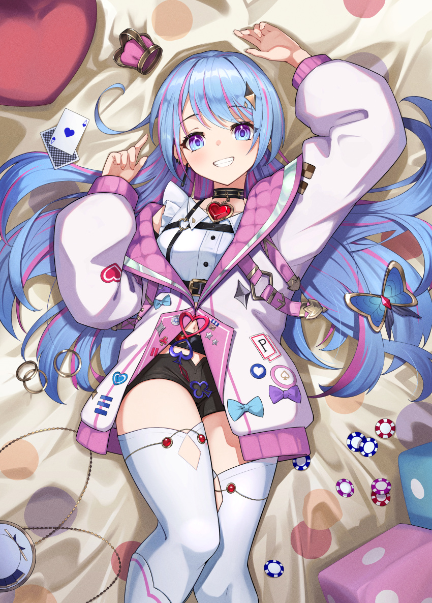 1girl absurdres ace_(playing_card) ace_of_hearts black_choker black_shorts blue_eyes blue_hair card choker club_(shape) crown dice dollive earrings grin heart highres jacket jewelry long_hair looking_at_viewer lying maca_petty midriff_peek mini_crown multicolored_clothes multicolored_hair multicolored_jacket navel on_back open_mouth pink_hair pink_jacket playing_card poker_chip short_shorts shorts smile solo spade_(shape) streaked_hair tatty thighhighs two-tone_jacket virtual_youtuber white_jacket white_thighhighs