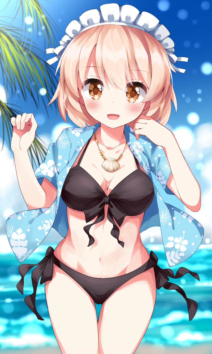 1girl :d bikini black_bikini blonde_hair blue_shirt breasts cleavage colored_eyelashes commentary_request highres horizon jewelry looking_at_viewer looking_back maid_headdress medium_breasts mugetsu_(touhou) navel ocean open_clothes open_mouth open_shirt outdoors palm_tree pendant ruu_(tksymkw) seashell shell shirt short_hair smile solo swimsuit touhou touhou_(pc-98) tree yellow_eyes