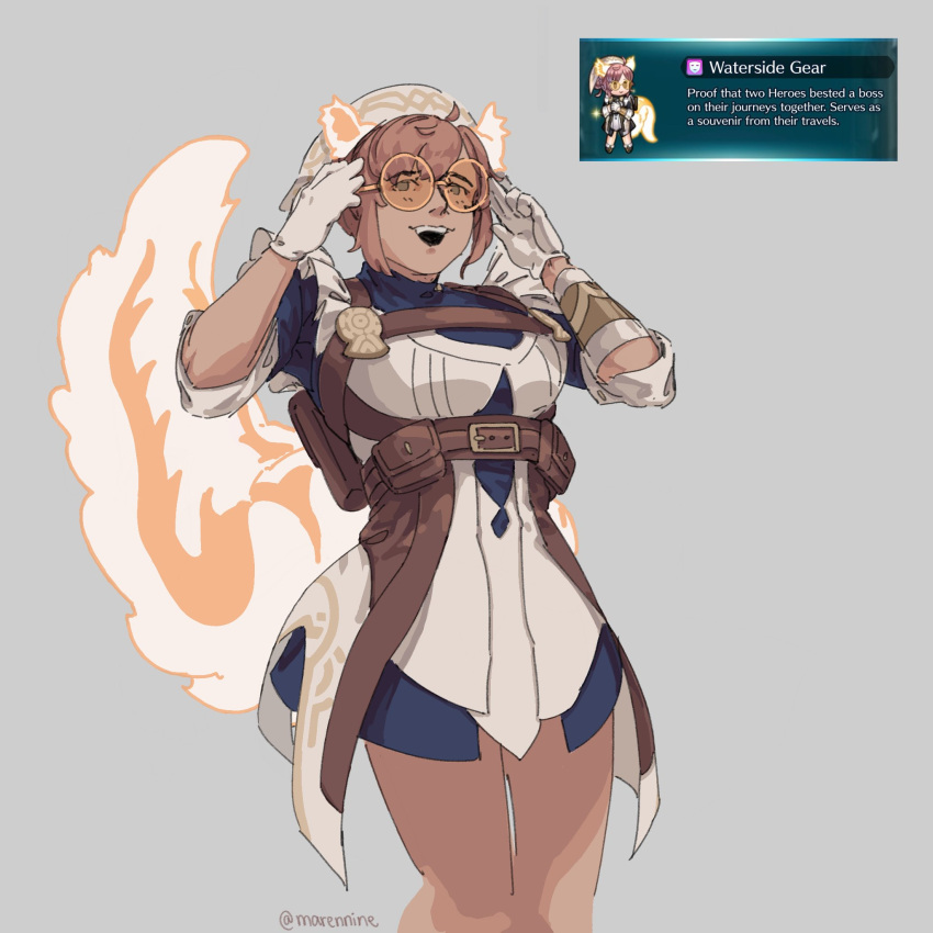 1girl animal_ears apron cowlick fire_emblem fire_emblem_heroes frilled_apron frills glasses gloves glowing_ears glowing_tail highres leather_belt maid_headdress marennine ratatoskr_(fire_emblem) squirrel_ears squirrel_girl squirrel_tail tail white_gloves