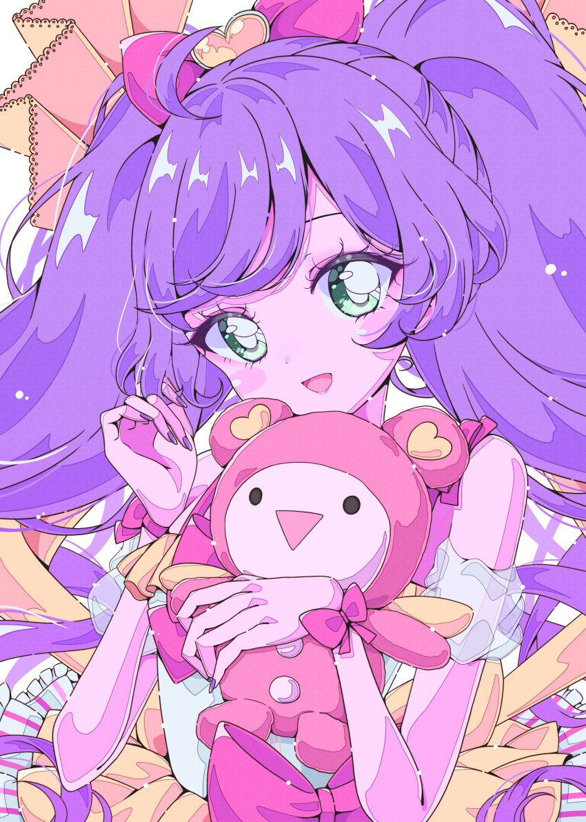 1girl :d absurdres ahoge bow commentary_request green_eyes hair_bow heart highres holding holding_stuffed_toy kuma_(pripara) long_hair looking_at_viewer manaka_laala milon_cas nail_polish open_mouth pink_bow pretty_series pripara purple_hair purple_nails retro_artstyle smile solo sparkle star_(symbol) stuffed_animal stuffed_toy teddy_bear twintails upper_body yume_kawaii