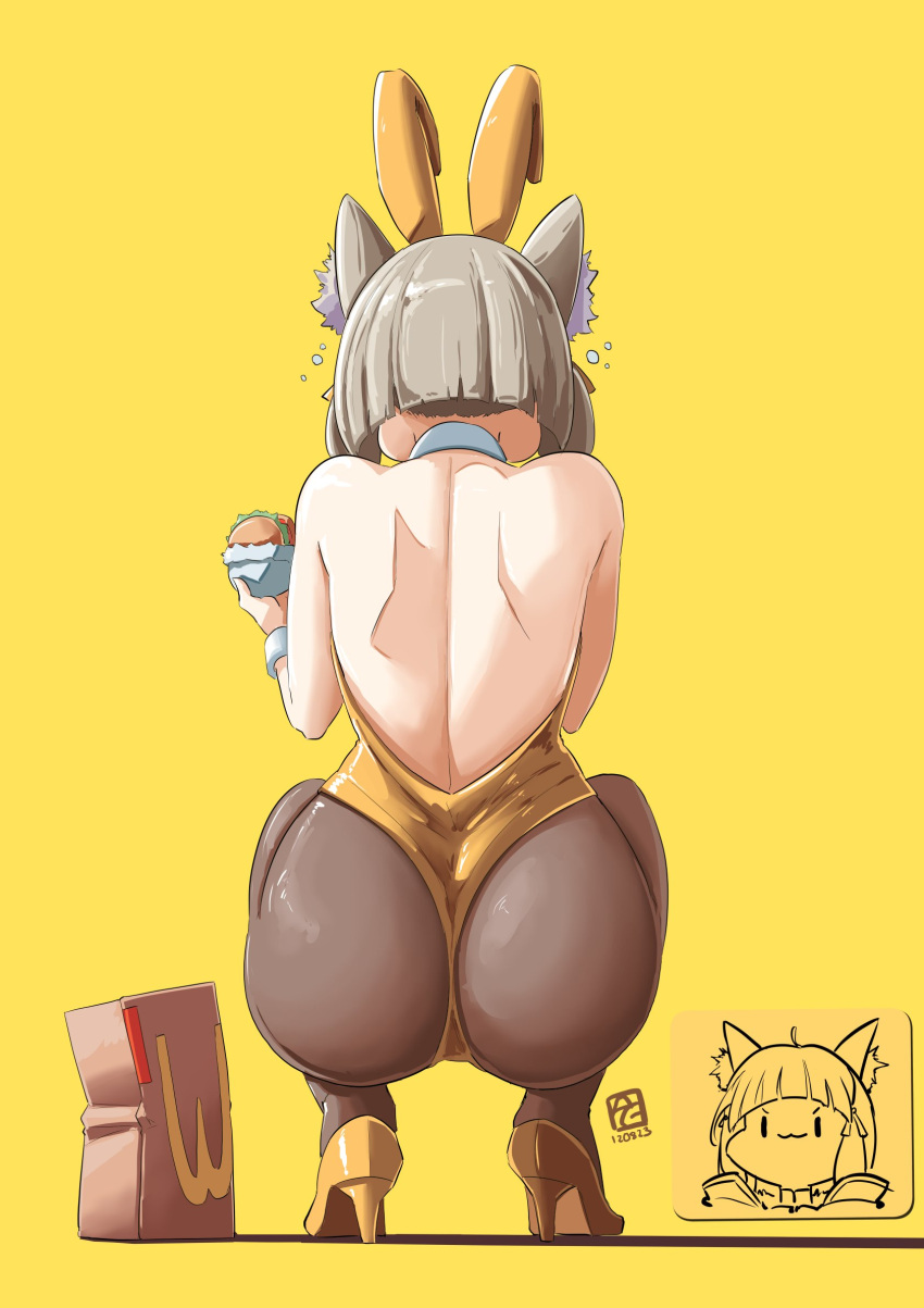 1girl animal_ear_fluff animal_ears artist_name ass automatic_giraffe bag burger cat_ears commentary eating english_commentary fake_animal_ears fast_food food from_behind full_body grey_hair high_heels highres holding holding_food leotard mcdonald's nia_(xenoblade) paper_bag playboy_bunny puffy_cheeks rabbit_ears short_hair solo squatting xenoblade_chronicles_(series) xenoblade_chronicles_2 yellow_background yellow_leotard