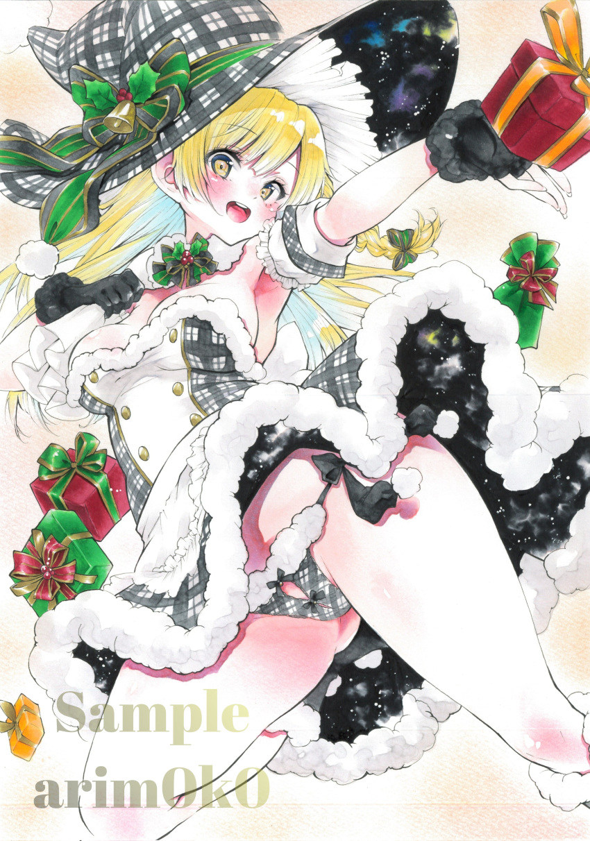 1girl absurdres arim0k0 artist_name black_gloves black_headwear black_panties blonde_hair braid breasts christmas_present cleavage commentary fingerless_gloves fur_trim gift gloves highres kirisame_marisa long_hair looking_at_viewer medium_breasts open_mouth panties plaid_headwear sample_watermark side_braid single_braid solo teeth thighs touhou traditional_media underwear upper_teeth_only watermark