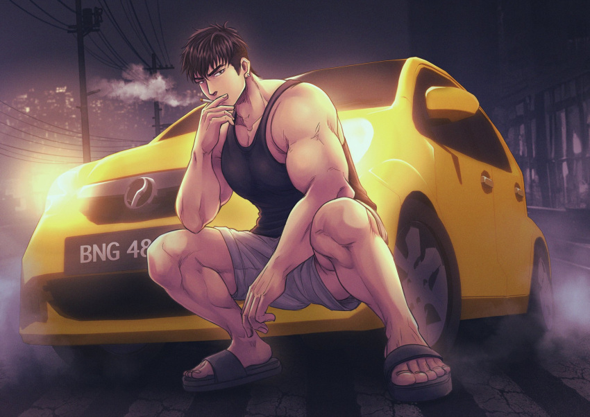 1boy bara black_footwear black_hair black_tank_top car cigarette city_lights earrings flip-flops fog full_body grey_shorts hal_(harenchiou) headlights highres holding holding_cigarette jewelry large_pectorals looking_at_viewer male_focus motor_vehicle muscular muscular_male night original outdoors pectorals power_lines sandals short_hair shorts sidewalk smoke solo squatting tank_top yellow_car