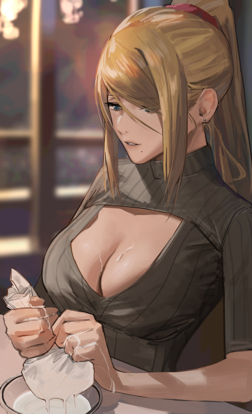 1girl blonde_hair blue_eyes bowl breasts cleavage cleavage_cutout clothing_cutout cream cream_on_breasts earrings food_on_body food_on_breasts grey_sweater high_ponytail highres j@ck jewelry large_breasts long_hair metroid milk mole mole_under_mouth parted_lips samus_aran solo squeezing stud_earrings suggestive_fluid sweater turtleneck upper_body window