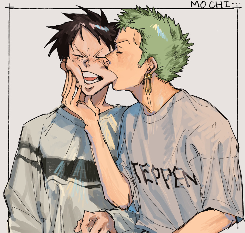 2boys biting black_eyes black_hair cheek_biting closed_eyes couple earrings green_hair grey_background grey_shirt hands_on_another's_face highres jewelry long_sleeves male_focus monkey_d._luffy multiple_boys nsozp one_piece open_mouth print_shirt profile roronoa_zoro scar scar_on_cheek scar_on_face shirt short_hair sideburns simple_background single_earring upper_body yaoi