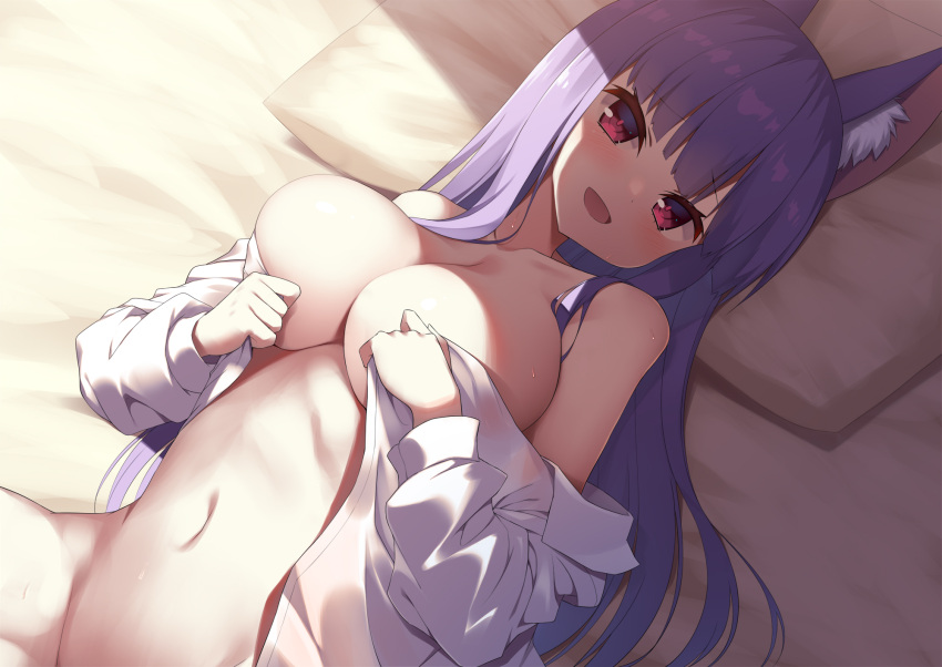 1girl :d animal_ear_fluff animal_ears bare_shoulders bed_sheet blush bottomless breasts collarbone covering_breasts covering_privates fox_ears fox_girl from_above highres hoppege indie_virtual_youtuber indoors kamishiro_natsume kitsune large_breasts long_hair looking_at_viewer lying naked_shirt navel no_bra on_back on_bed open_clothes open_mouth open_shirt pillow purple_hair red_eyes shirt smile solo stomach sweat virtual_youtuber white_shirt