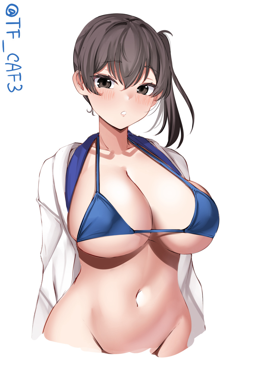 1girl bikini blue_bikini breasts brown_eyes brown_hair cleavage commentary_request groin highres japanese_clothes kaga_(kancolle) kantai_collection kimono large_breasts long_sleeves looking_at_viewer medium_hair navel open_clothes open_kimono ponytail side_ponytail simple_background solo swimsuit tf_cafe twitter_username upper_body white_background