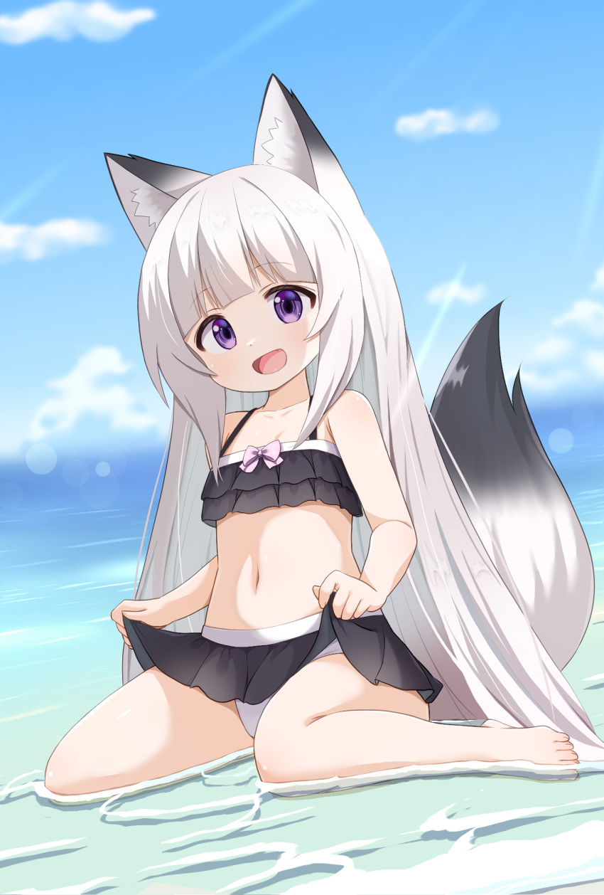 1girl :d animal_ear_fluff animal_ears bare_arms bare_legs bare_shoulders barefoot beach bikini bikini_skirt blue_sky blunt_bangs blurry blurry_background bow bow_bikini clothes_lift cloud day fang flat_chest fox_ears fox_girl fox_tail frilled_bikini frills full_body head_tilt highres lifted_by_self light_rays long_hair looking_at_viewer mogura2009 multicolored_tail navel ocean on_ground open_mouth original outdoors partially_submerged pink_bow purple_eyes shallow_water sitting skirt skirt_lift sky smile solo straight_hair swimsuit tail tail_raised tongue two-tone_bikini very_long_hair wariza water white_hair