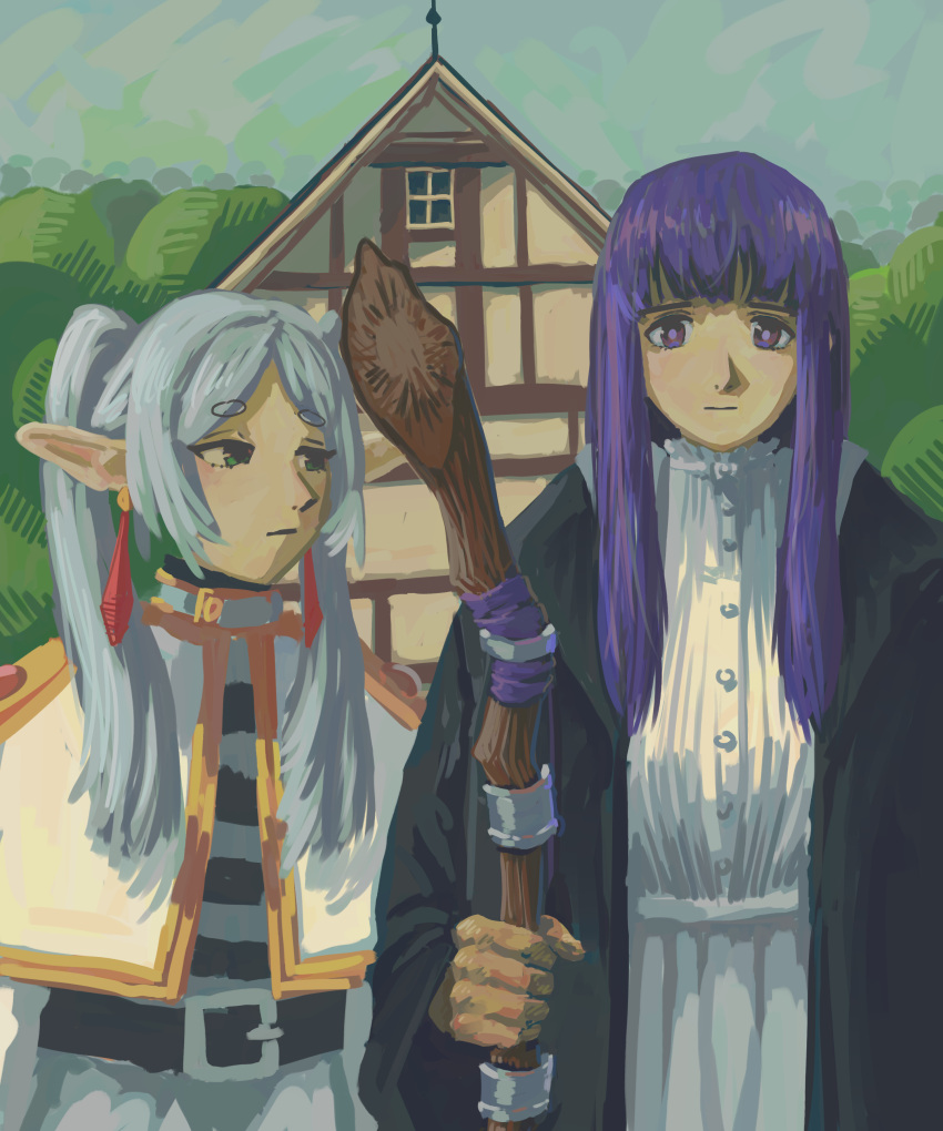 2girls absurdres american_gothic belt black_belt black_coat capelet closed_mouth coat dangle_earrings dress drop_earrings earrings elf english_commentary expressionless fern_(sousou_no_frieren) fine_art_parody frieren gooseygang green_eyes grey_hair highres holding holding_staff house jewelry mage_staff multiple_girls no_humans outdoors parody pointy_ears purple_eyes purple_pupils shirt skirt sousou_no_frieren staff striped striped_shirt tree twintails white_capelet white_dress white_skirt