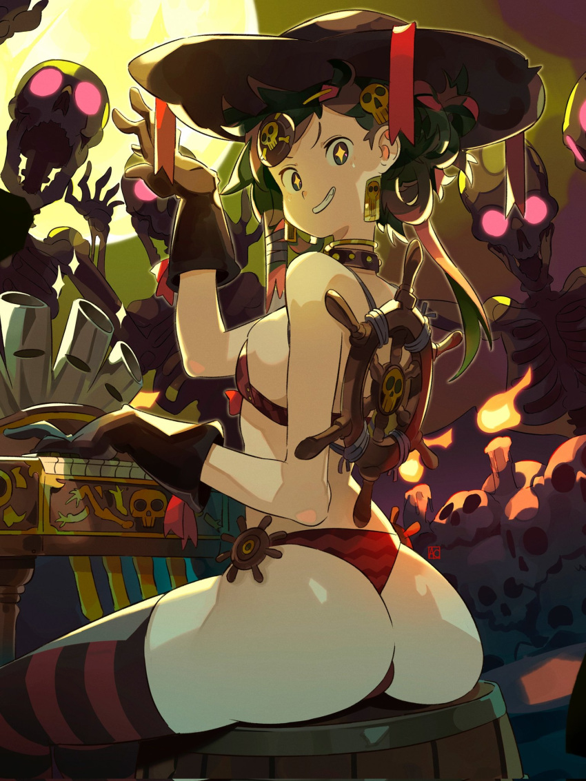 1girl andrewcockroach ass bikini breasts brown_eyes brown_hair choker earrings gloves hair_ornament hat highres huge_ass instrument jewelry long_hair looking_at_viewer looking_back multicolored_hair on_chair original panties piano pirate pirate_costume pirate_hat sitting skeleton small_breasts smile solo swept_bangs swimsuit teeth thighhighs thighs thong thong_bikini two-tone_hair underwear v-shaped_eyebrows