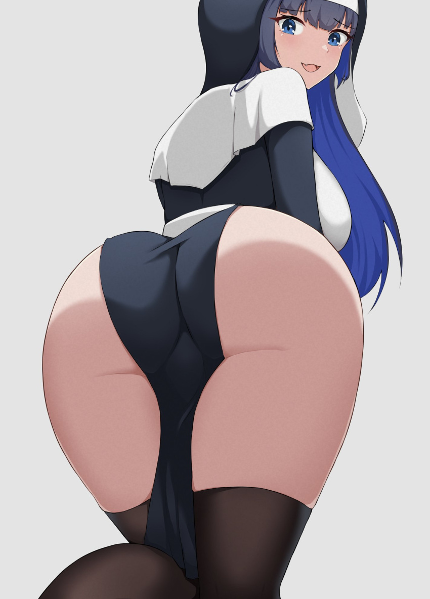 1girl ass ass_focus back black_thighhighs blue_eyes blue_hair blush breasts colored_inner_hair highres hololive hololive_english huge_ass large_breasts leaning_forward looking_at_viewer looking_back looking_down multicolored_hair nun open_mouth ouro_kronii pelvic_curtain self-upload sideboob smile solo thighhighs virtual_youtuber white_background zeropen