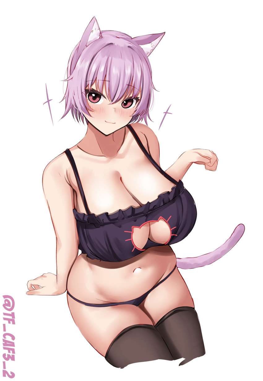 1girl animal_ears black_pantyhose black_thighhighs bra breasts cat_cutout cat_ears cat_lingerie cat_tail cleavage cleavage_cutout closed_mouth clothing_cutout frilled_bra frills highres kantai_collection large_breasts looking_at_viewer meme_attire one-hour_drawing_challenge pantyhose paw_pose pink_hair red_eyes short_hair simple_background solo tail tama_(kancolle) tf_cafe thighhighs twitter_username underwear white_background