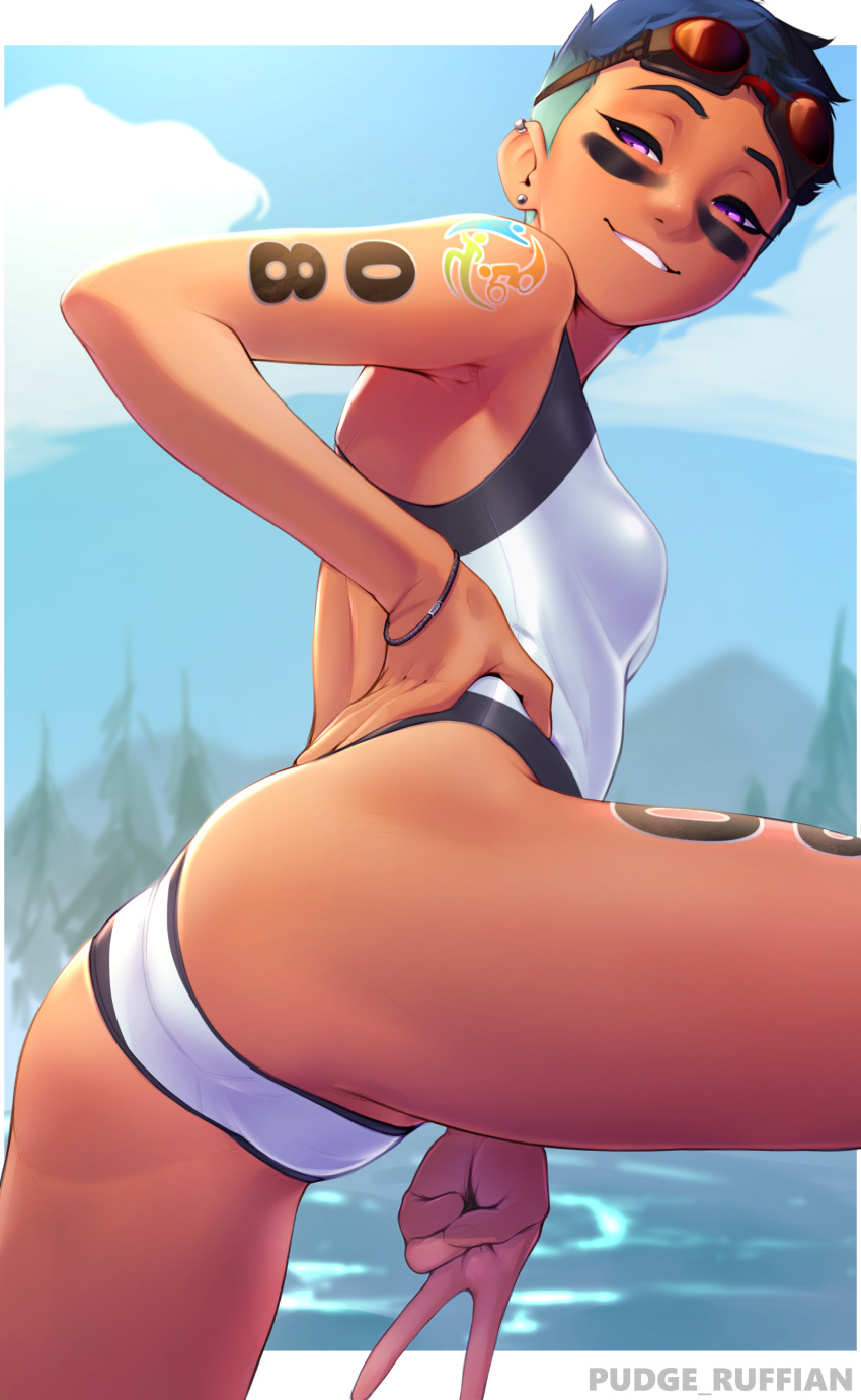 1girl absurdres artist_name ass cloud dark-skinned_female dark_skin day ear_piercing goggles goggles_on_head grin half-closed_eyes hand_on_own_hip highres leaning_forward one-piece_swimsuit original piercing pink_eyes pudgeruffian riley_fairfeather short_hair shoulder_tattoo smile solo swimsuit tattoo teeth tomboy tree v white_one-piece_swimsuit