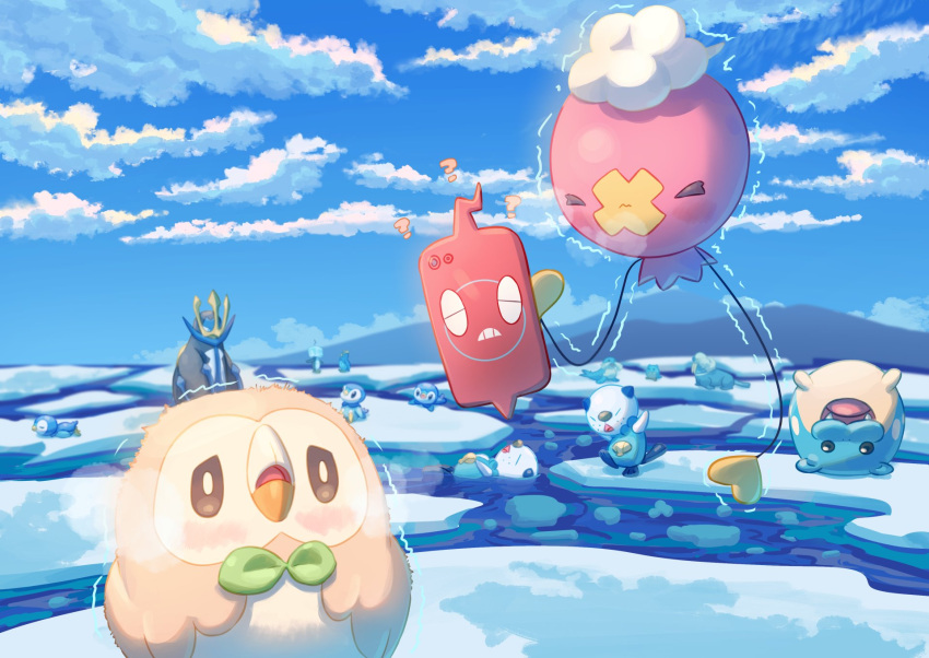 &gt;_&lt; ? afloat blush breath bright_pupils brown_eyes closed_mouth cloud cold commentary_request day drifloon eiscue eiscue_(ice) empoleon frown highres ice mokukitusui no_humans open_mouth oshawott outdoors piplup pokemon pokemon_(creature) prinplup rotom rotom_phone rowlet sealeo sky spheal trembling walrein water