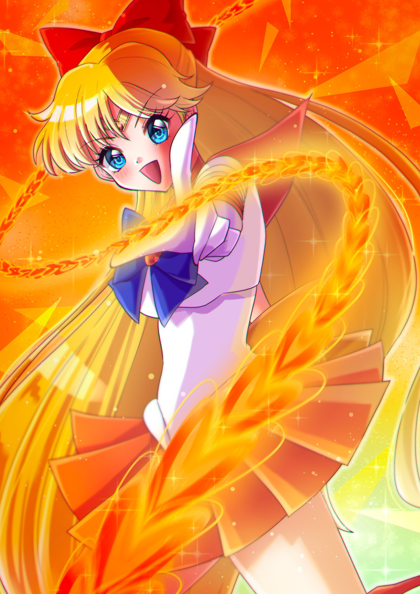 1girl absurdres aino_minako bishoujo_senshi_sailor_moon blonde_hair blue_eyes bow chain gloves highres koume_paint long_hair magical_girl miniskirt open_mouth orange_background orange_skirt red_bow sailor_venus skirt very_long_hair