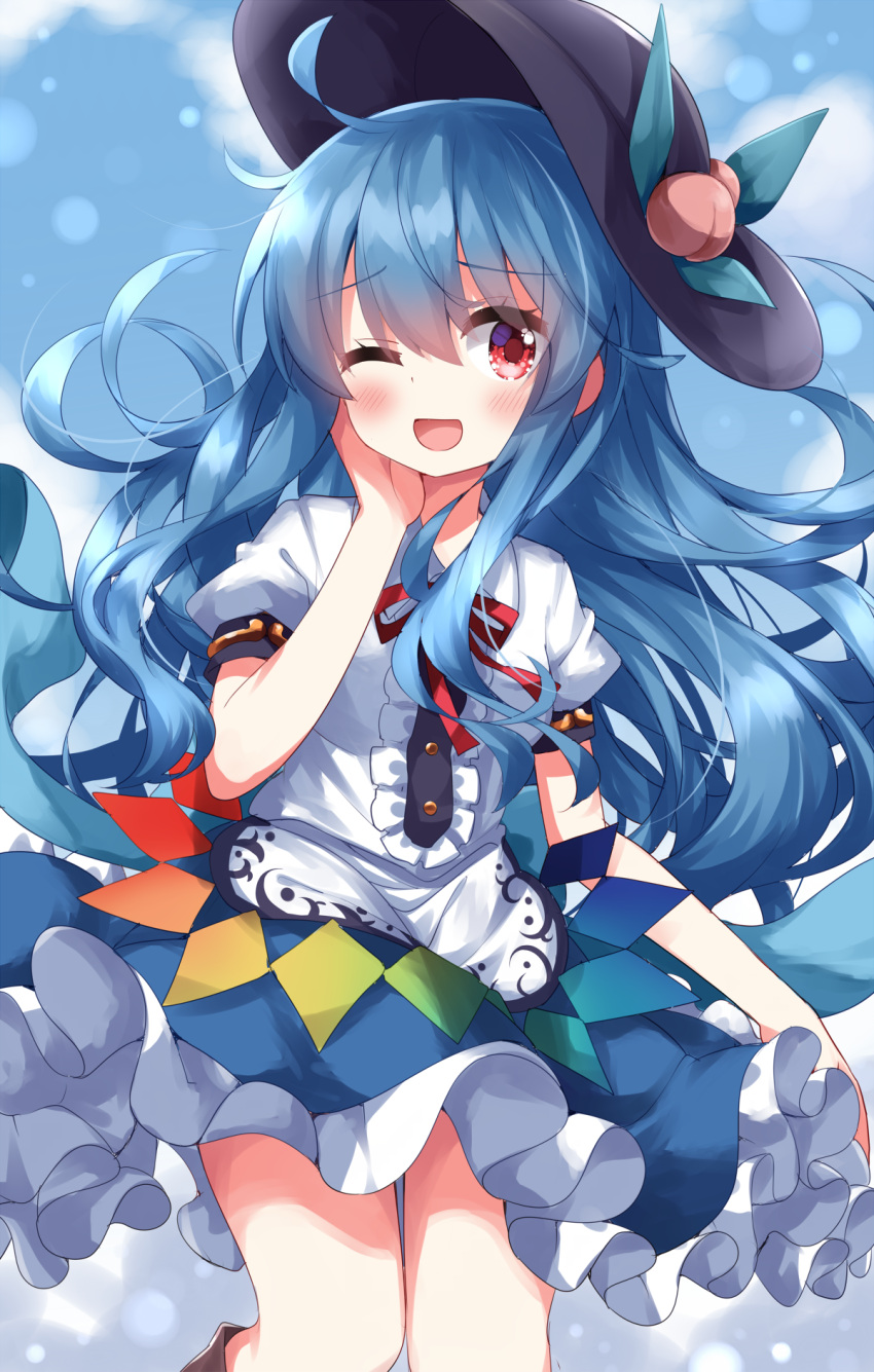 1girl ;d black_headwear blue_background blue_hair blue_skirt center_frills commentary_request frilled_skirt frills highres hinanawi_tenshi long_hair looking_at_viewer one_eye_closed open_mouth peach_hat_ornament rainbow_order red_eyes ruu_(tksymkw) shirt short_sleeves skirt smile solo touhou white_shirt