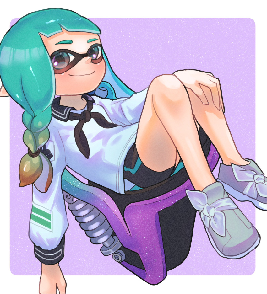 1girl aqua_hair bike_shorts border brown_hair commentary_request full_body gradient_hair highres inkling inkling_girl long_hair low-tied_long_hair multicolored_hair nastar_r0 purple_background purple_eyes school_uniform serafuku shoes sitting slosher_(splatoon) smile solo splatoon_(series) splatoon_3 two-tone_hair weapon white_border white_footwear