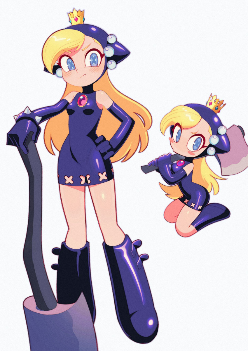 1girl axe batrobin_k black_footwear black_gloves blonde_hair blue_eyes boots breasts closed_mouth crown elbow_gloves fang fang_out gloves hand_on_own_hip highres holding holding_axe knee_boots long_hair looking_at_viewer mario_(series) mario_power_tennis mario_tennis seiza simple_background sitting small_breasts solo symbol-shaped_pupils warupeach white_background x-shaped_pupils