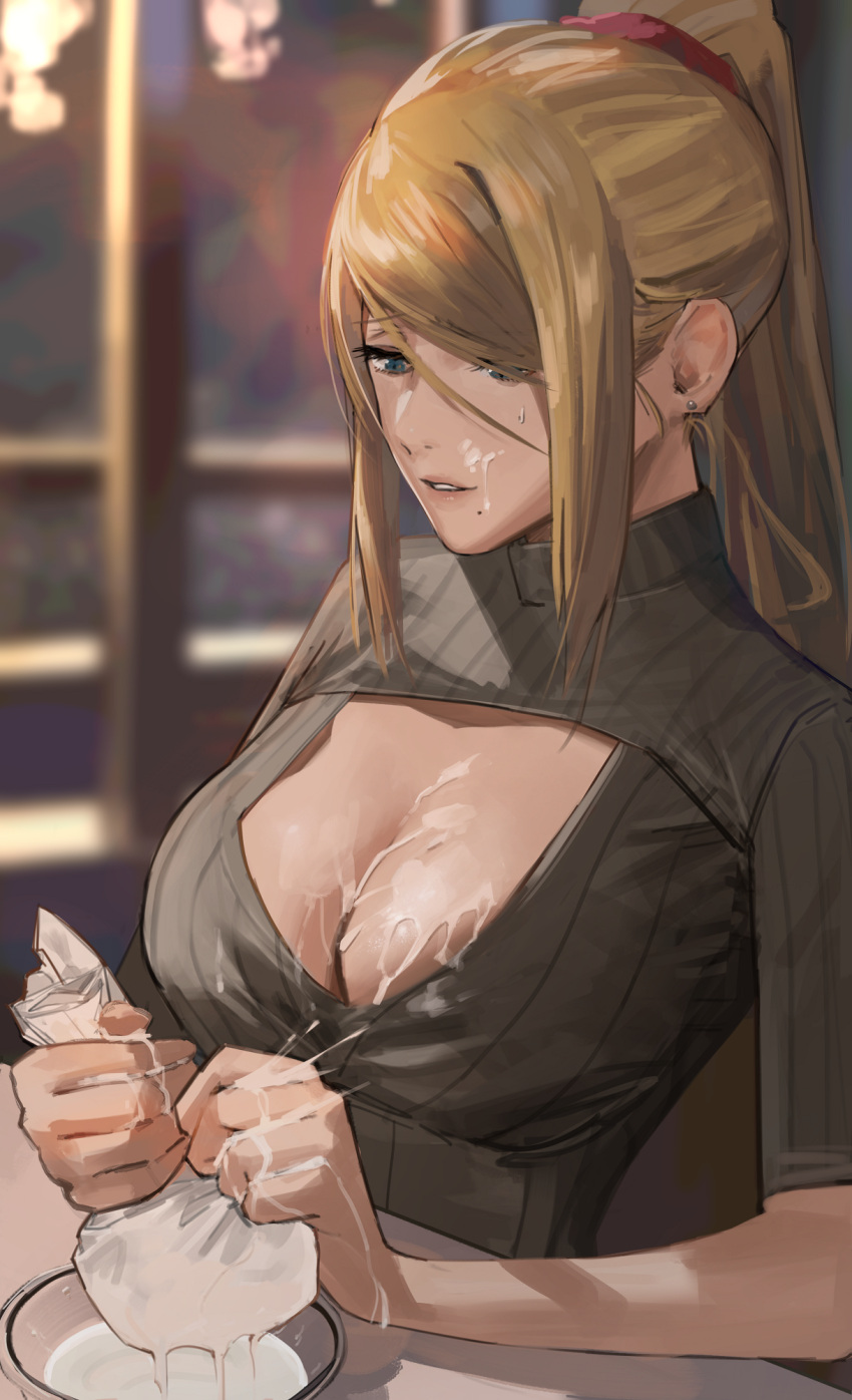 1girl blonde_hair blue_eyes bowl breasts cleavage cleavage_cutout clothing_cutout cream cream_on_breasts earrings food_on_body food_on_breasts grey_sweater high_ponytail highres j@ck jewelry large_breasts long_hair metroid milk mole mole_under_mouth parted_lips samus_aran solo squeezing stud_earrings suggestive_fluid sweater turtleneck upper_body window