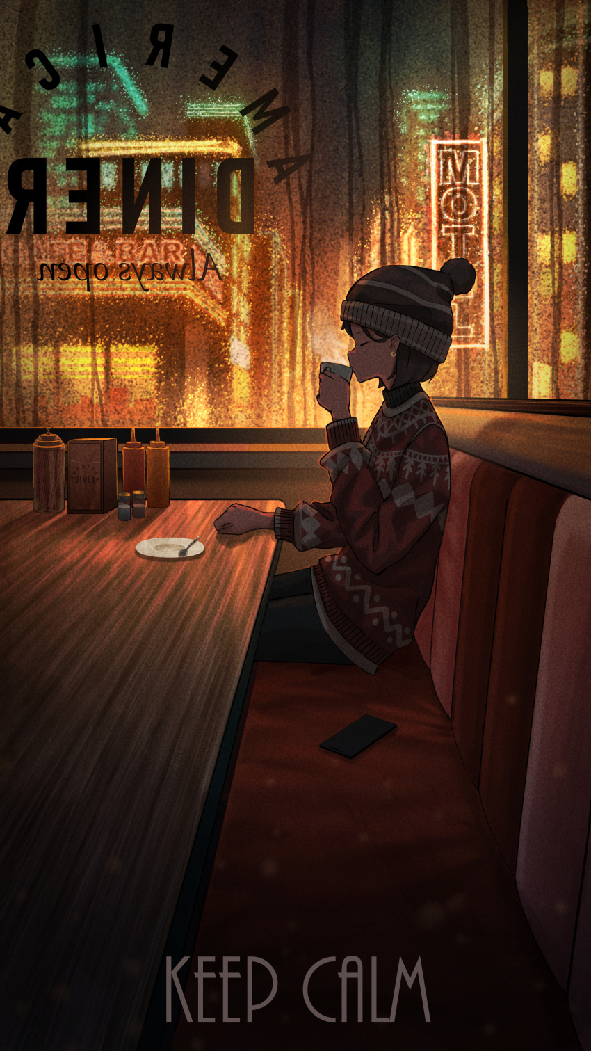 1girl absurdres cafe cellphone closed_eyes coffee cup drinking earrings english_text highres jewelry long_sleeves neon_lights night original pasoputi phone plate restaurant salt_shaker scenery sitting smartphone solo spoon steam sweater winter