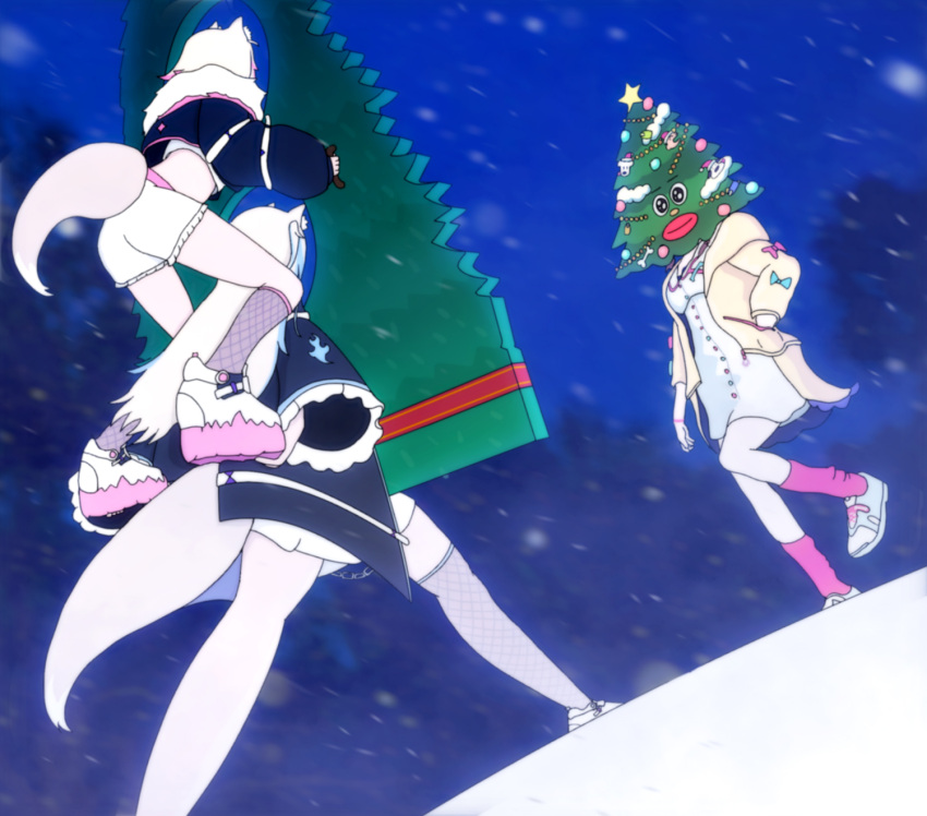 3girls animal_ear_fluff animal_ears black_jacket blonde_hair carrying christmas_tree commentary cropped_jacket dog_ears dog_girl dog_tail dress dutch_angle english_commentary fishnet_thighhighs fishnets fuwawa_abyssgard hand_in_pocket highres hololive hololive_english inugami_korone inugami_korone_(1st_costume) jacket looking_at_another ludokano meme mococo_abyssgard multiple_girls night night_sky oh?_you're_approaching_me?_(meme) outdoors piggyback pink_socks shoes shorts siblings single_thighhigh sisters sky sneakers snow socks tail thighhighs virtual_youtuber white_dress white_footwear white_shorts yellow_jacket
