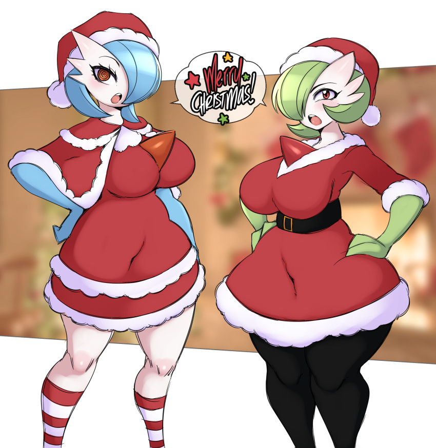 2023 absurd_res blue_body blush breasts christmas christmas_clothing christmas_headwear clothed clothing costume duo english_text eyelashes female gardevoir generation_3_pokemon green_body hat headgear headwear hi_res holidays humanoid looking_at_viewer nintendo pokemon pokemon_(species) saltyxodium santa_costume santa_hat speech_bubble text white_body