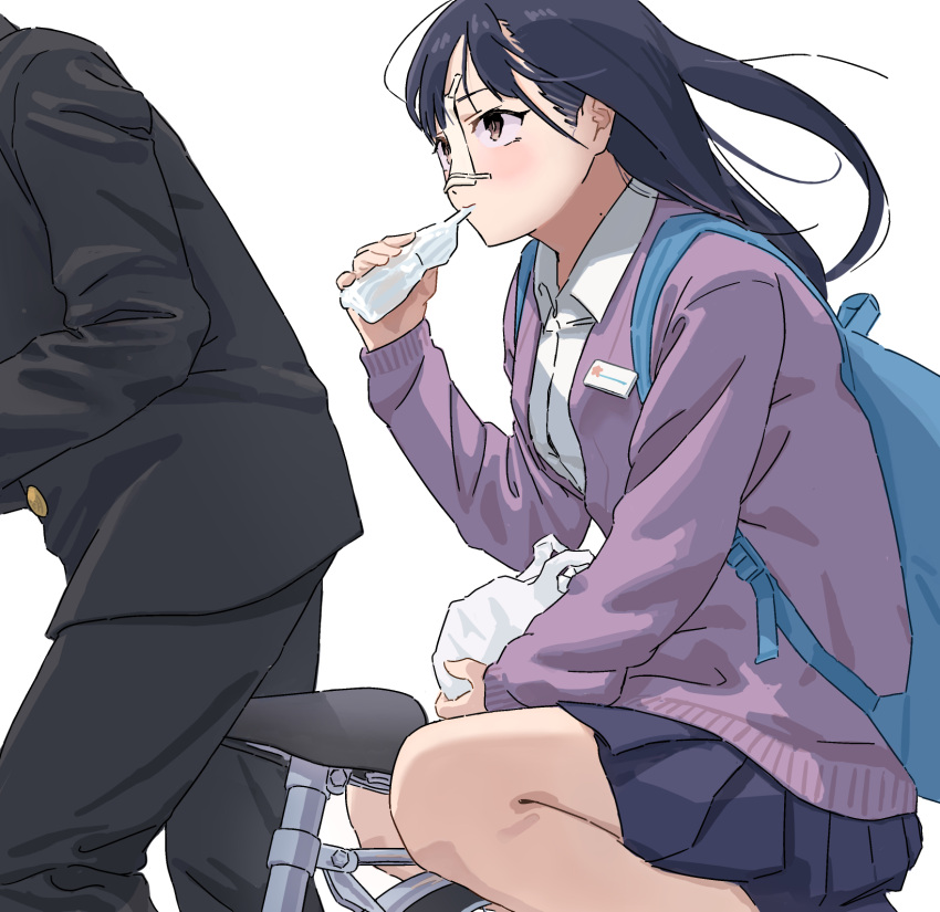 1boy 1girl backpack bag bicycle black_hair blue_skirt boku_no_kokoro_no_yabai_yatsu brown_eyes cardigan eating gakuran gauze highres holding ichikawa_kyoutarou long_hair mole multiple_riders name_tag plastic_bag pleated_skirt purple_cardigan riding riding_bicycle school_uniform shirt simple_background skirt white_background white_shirt yamada_anna zumisan3