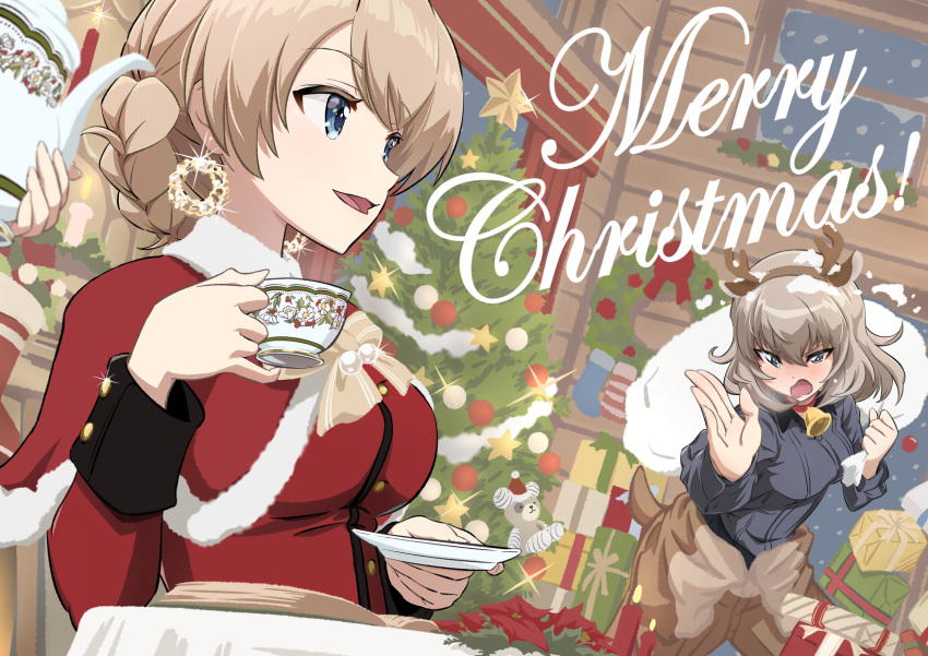 3girls animal_costume antlers bell blonde_hair blue_eyes blush boko_(girls_und_panzer) book bow bowtie candle capelet christmas christmas_ornaments christmas_tree commentary cup cursive darjeeling_(girls_und_panzer) dress dress_shirt earrings ehirorotoon english_text fake_antlers frown fur-trimmed_capelet fur_trim gift girls_und_panzer grey_hair grey_shirt highres holding holding_cup holding_sack holding_saucer holding_teapot indoors itsumi_erika jacket jewelry kuromorimine_school_uniform long_sleeves looking_at_another medium_hair merry_christmas multiple_girls neck_bell night open_mouth over_shoulder pinky_out red_capelet red_dress red_jacket reindeer_antlers reindeer_costume sack santa_dress saucer school_uniform shirt short_hair sitting smile sparkle st._gloriana's_military_uniform star_(symbol) table teacup teapot wreath yellow_bow yellow_bowtie