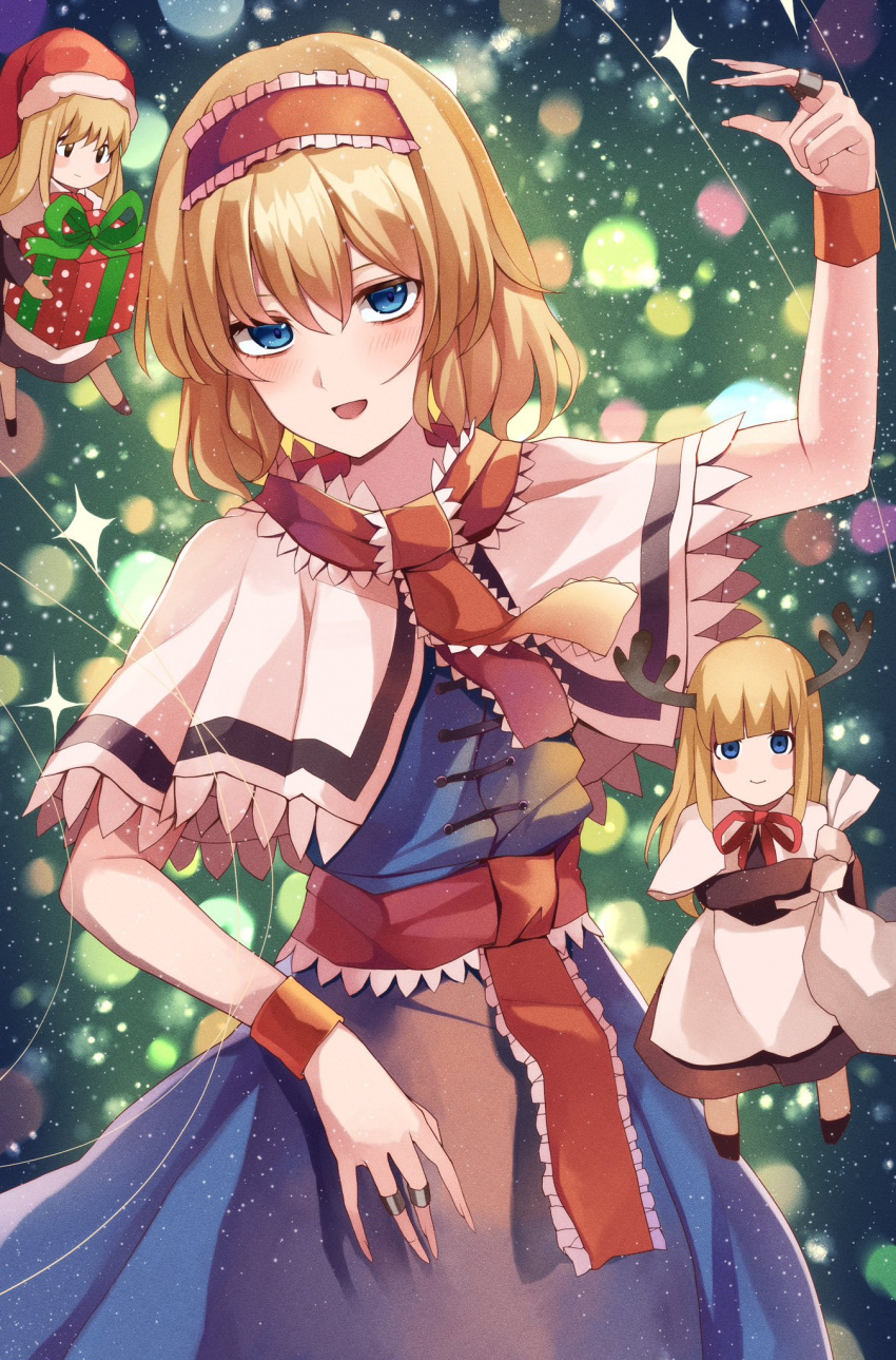 1girl alice_margatroid blonde_hair blue_dress blue_eyes capelet christmas_present dress gift hairband hat highres holding holding_sack hourai_doll koizumo red_hairband sack santa_hat shanghai_doll short_hair smile touhou white_capelet