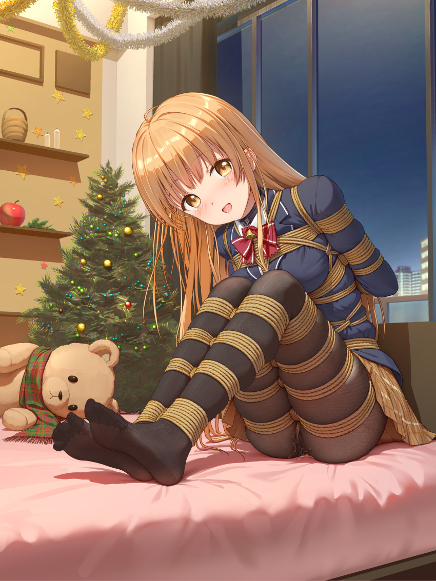 1girl absurdres arms_behind_back bdsm bell black_collar black_pantyhose blazer blue_jacket blush bondage bound bow bowtie breasts brown_eyes christmas_tree collar commentary_request crotch_rope full_body highres himitsu_(hi_mi_tsu_2) indoors jacket light_brown_hair long_hair looking_at_viewer medium_breasts neck_bell no_shoes open_mouth otonari_no_tenshi-sama_ni_itsu_no_mani_ka_dame_ningen_ni_sarete_ita_ken pantyhose pussy_juice red_bow red_bowtie rope saliva school_uniform shibari shibari_over_clothes shiina_mahiru_(otonari_no_tenshi-sama) sidelocks sitting solo stuffed_animal stuffed_toy tearing_up teddy_bear variant_set window