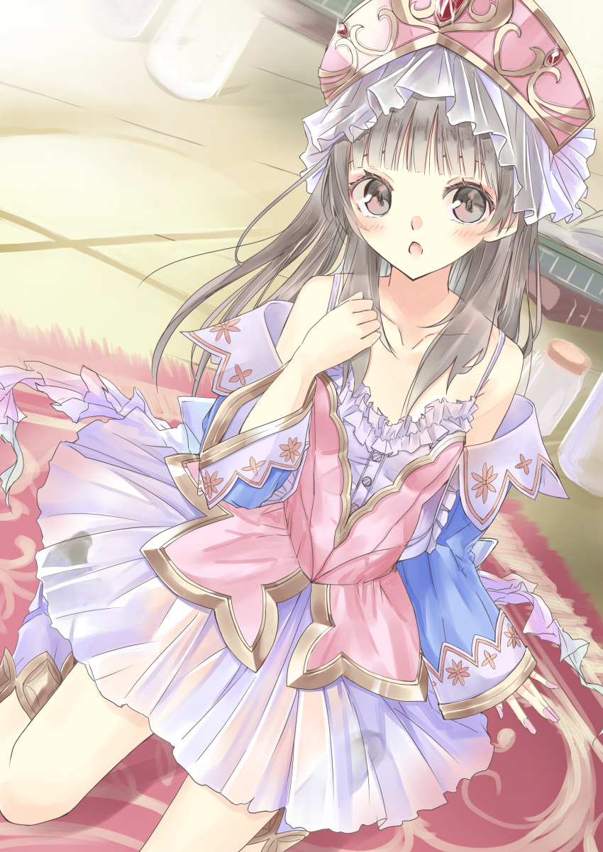 1girl absurdres atelier_(series) atelier_totori blush breasts brown_eyes brown_hair carpet collarbone commentary_request dress fingernails frills hat highres hime_cut kneeling long_hair looking_at_viewer miyama_leaves open_mouth small_breasts solo totooria_helmold