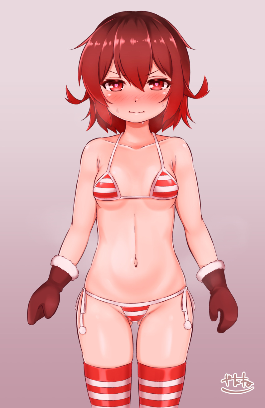 1girl alternate_costume bikini blush breasts brown_gloves brown_hair cowboy_shot fur-trimmed_gloves fur_trim gloves gradient_hair heart heart-shaped_pupils highres kantai_collection looking_at_viewer micro_bikini multicolored_hair mutsuki_(kancolle) navel red_eyes red_hair short_hair side-tie_bikini_bottom small_breasts solo standing striped striped_bikini striped_thighhighs swimsuit symbol-shaped_pupils thighhighs zanne