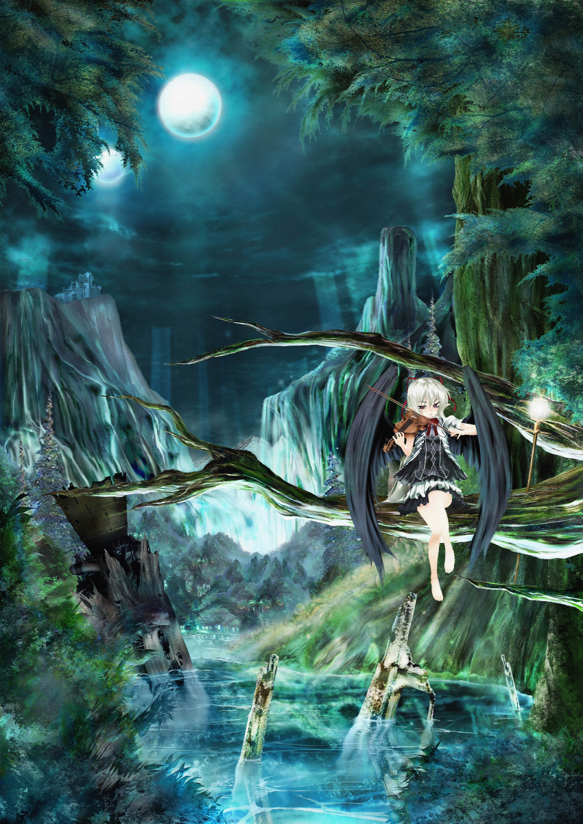 1girl absurdres bare_legs barefoot black_wings bow bowtie commentary_request dress fantasy full_body full_moon hair_ribbon highres in_tree instrument long_hair mochi_(circle_rin) moon music nature night original outdoors playing_instrument pointy_ears purple_eyes red_bow red_bowtie red_ribbon ribbon scenery short_dress short_sleeves sitting solo staff tree violin water white_hair wings