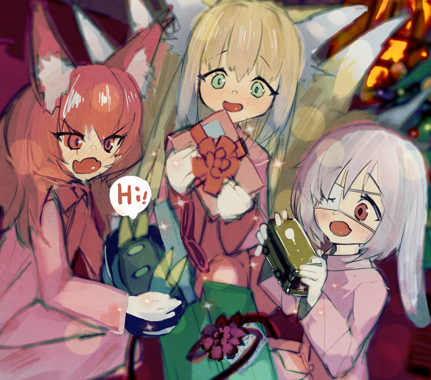 3girls absurdres animal_ear_fluff animal_ears arknights blonde_hair christmas christmas_present commentary_request eyepatch fox_ears fox_girl fox_tail gift green_eyes hame_ana_zpoo highres holding kitsune kyuubi metal_crab_(arknights) multiple_girls multiple_tails open_mouth popukar_(arknights) red_eyes red_hair shamare_(arknights) suzuran_(arknights) tail