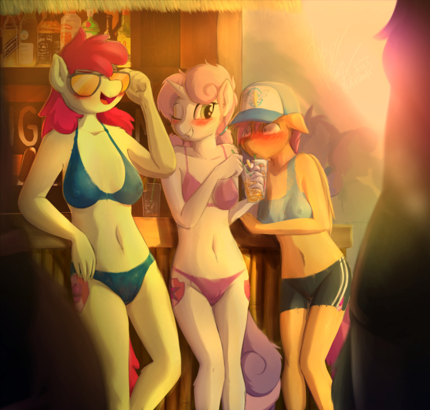 anonyxnugax anthro apple_bloom_(mlp) baseball_cap beverage blush bodypaint breasts clothing cutie_mark drinking earth_pony embarrassed equid equine eyewear female friendship_is_magic genitals glass group hasbro hat headgear headwear hi_res horn horse looking_away mammal my_little_pony nipples one_eye_closed painted_clothing pegasus pony pussy scootaloo_(mlp) sunglasses sweetie_belle_(mlp) trio unicorn wings