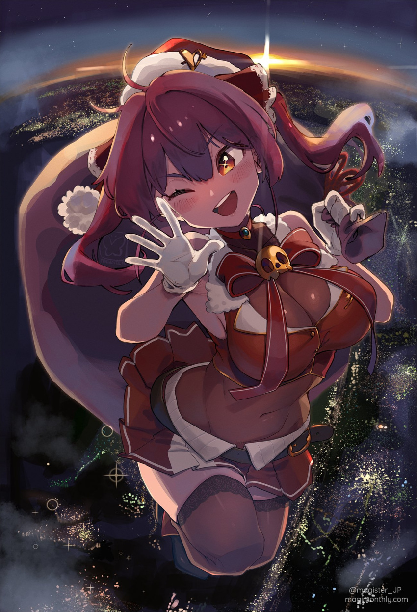 1girl bare_shoulders blush bodystocking breasts brown_thighhighs cleavage covered_navel cropped_vest gloves hair_ribbon hat highres hololive houshou_marine large_breasts long_hair looking_at_viewer magister miniskirt one_eye_closed open_mouth red_eyes red_hair red_skirt red_vest ribbon sack santa_hat see-through see-through_cleavage skirt smile solo thighhighs thighs twintails vest virtual_youtuber white_gloves