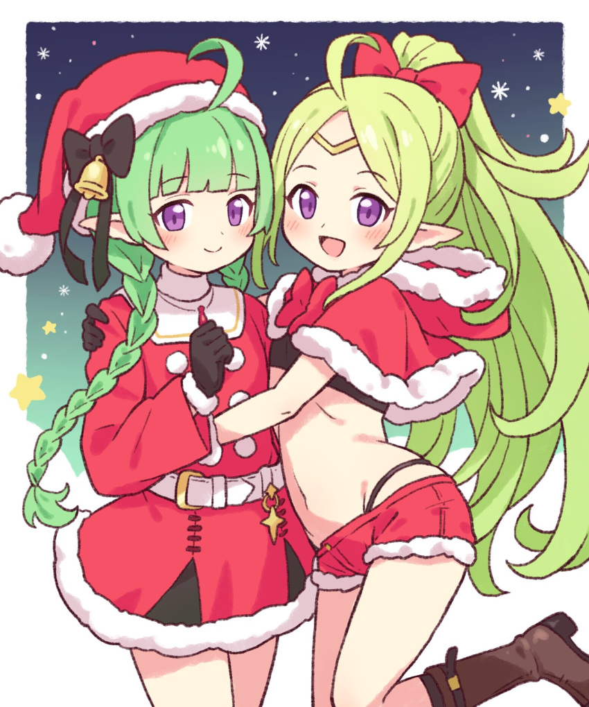 2girls ahoge bell belt black_gloves blush boots bow braid brown_footwear capelet christmas commission crop_top dress english_commentary fire_emblem fire_emblem_awakening flat_chest fur-trimmed_capelet fur-trimmed_dress fur-trimmed_headwear fur_trim gloves green_hair hair_bow hat highres hug long_hair looking_at_viewer mother_and_daughter multiple_girls nah_(fire_emblem) navel nowi_(fire_emblem) onyhakase open_mouth panty_straps pointy_ears ponytail purple_eyes red_bow red_capelet red_dress red_shorts santa_costume santa_hat second-party_source short_shorts shorts skeb_commission smile star_(symbol) twin_braids