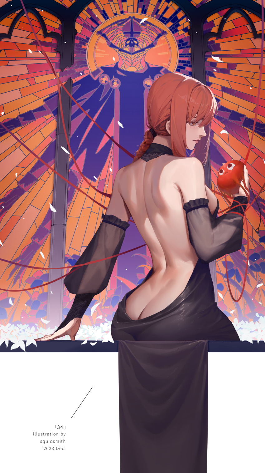 1girl absurdres artist_name ass back backless_dress backless_outfit black_dress braid braided_ponytail breasts bridal_gauntlets butt_crack chainsaw_man dated detached_sleeves dress highres looking_at_another makima_(chainsaw_man) median_furrow parted_lips pochita_(chainsaw_man) red_hair ringed_eyes sideboob sitting squidsmith stained_glass